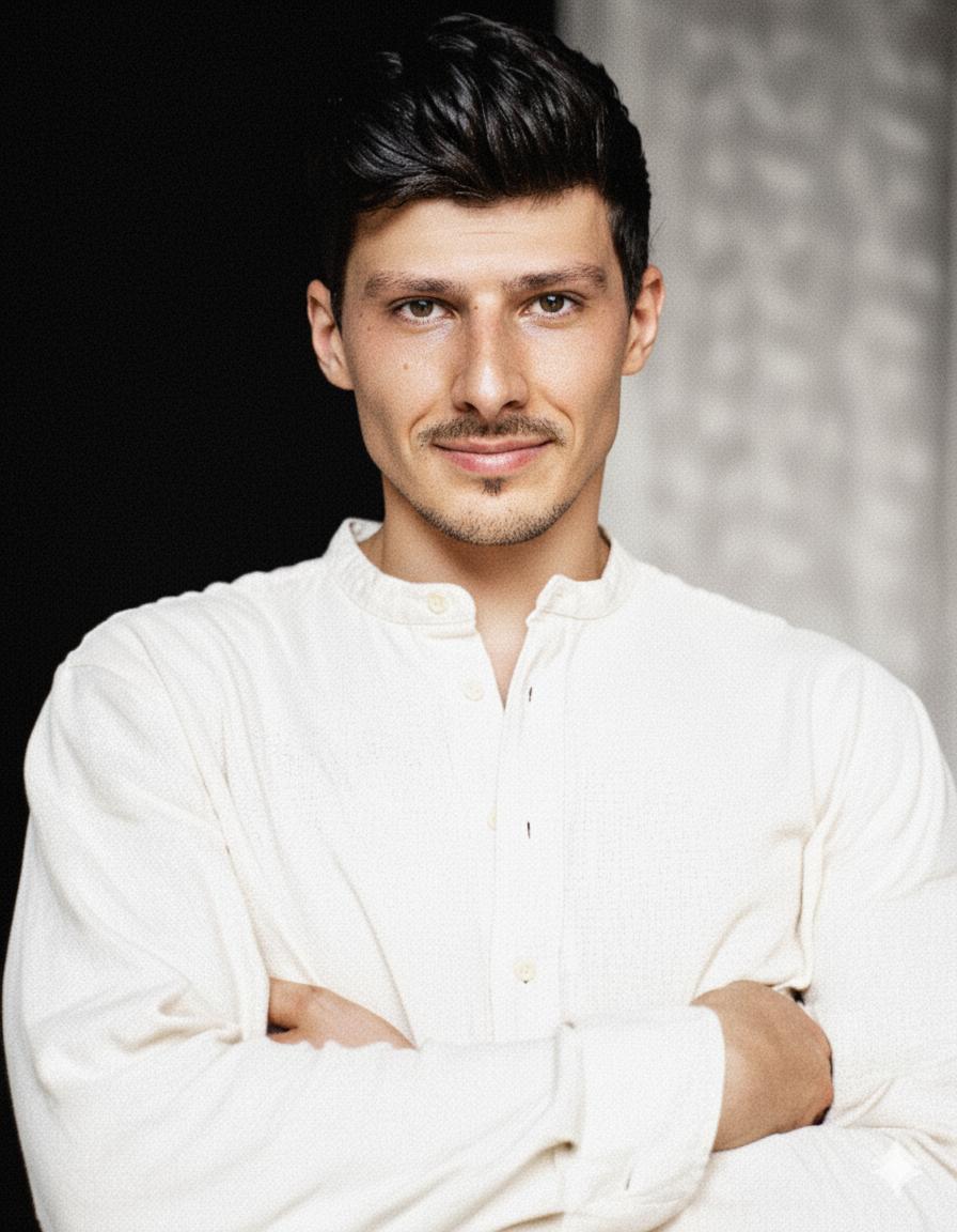 Portrait of a man with brown hair and glasses on a flat gray background.